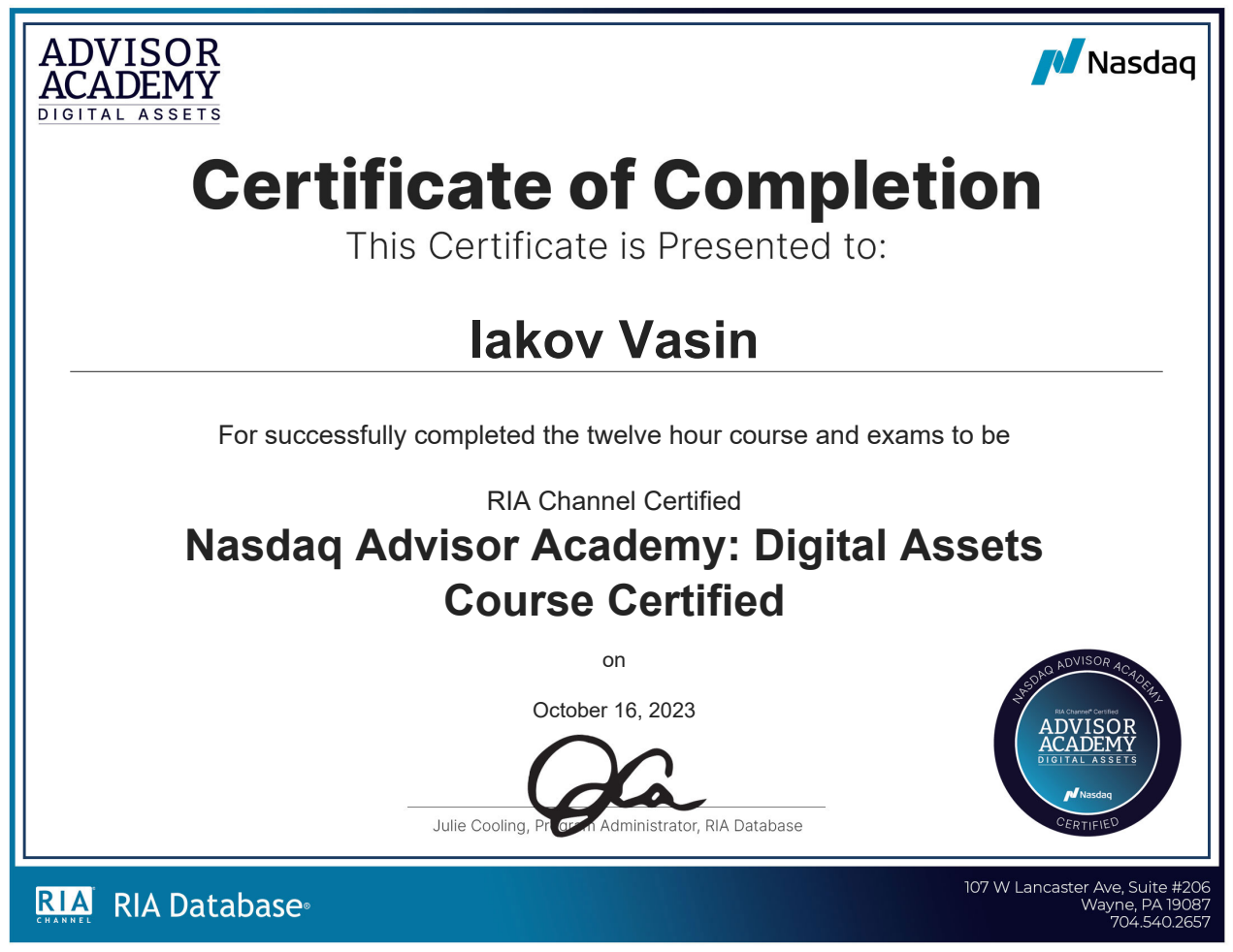 NASDAQ Crypto Assets Adviser Certificate